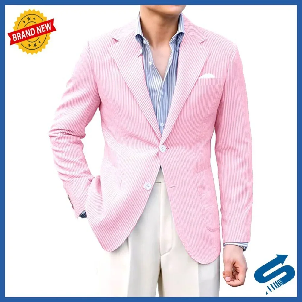 Men's Seersucker Sport Coat Blazer Summer Wedding Business Casual